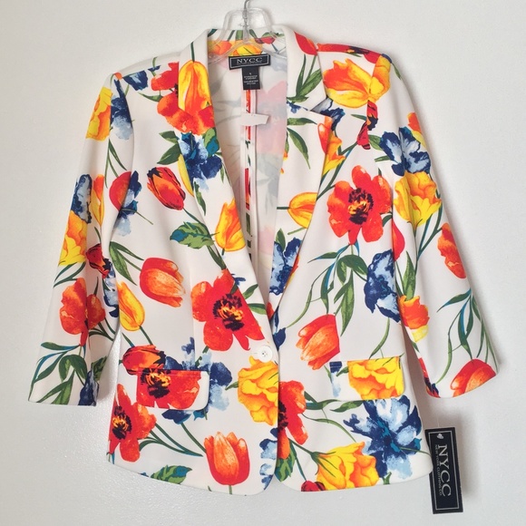 NWT Statement blazer FLORAL bright colorful 3/4 length sleeves one-button small